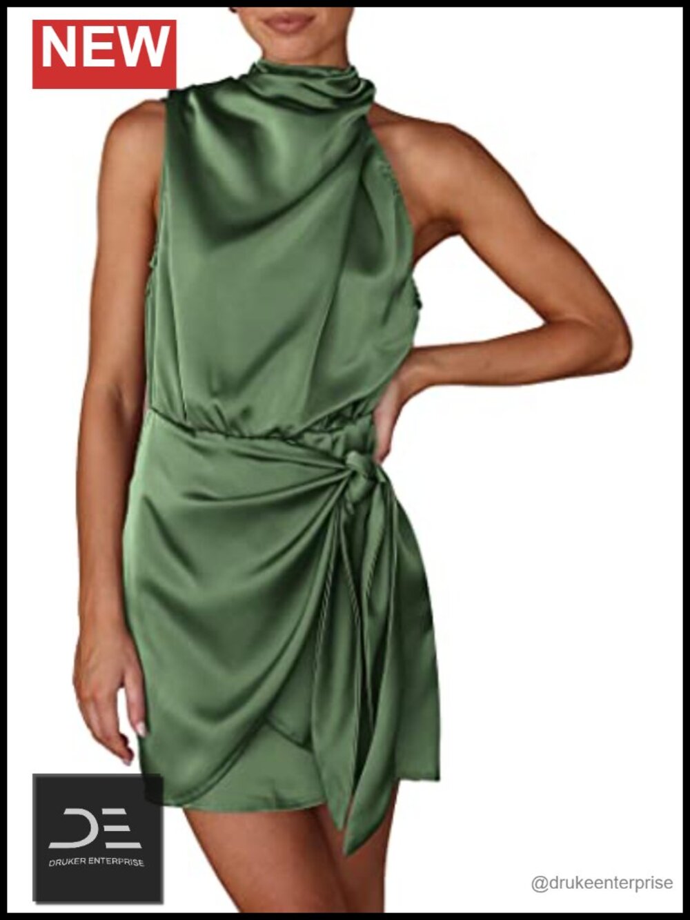 Sleeveless Satin Mini Cocktail Dress Tie Waist Mock Neck Formal Party